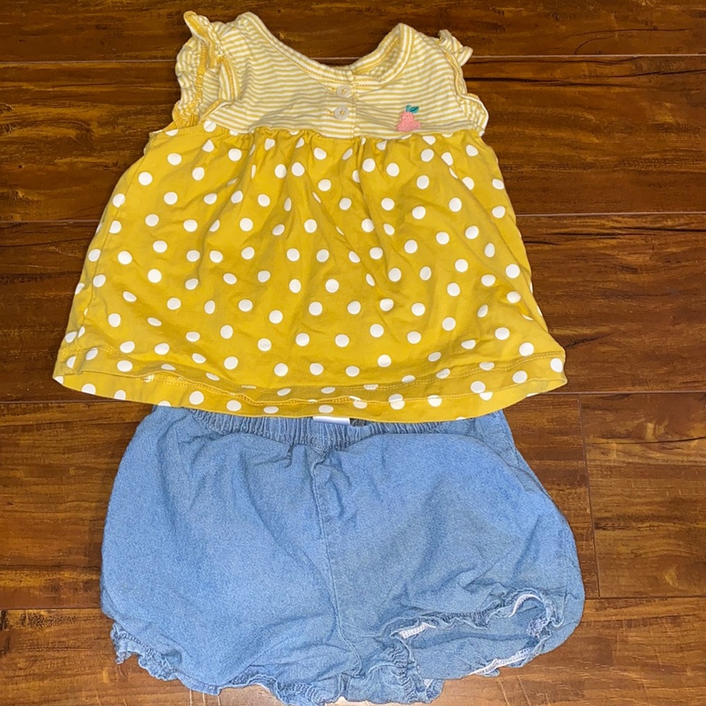 Carter’s 2PC Mustard Yellow Polka Dot Pear Top Chambray Shorts Set 18M